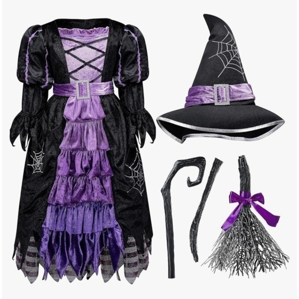 NEW Girls 8-10 Yrs Witch Costume Dress Hat Belt Broom Halloween Spooky
